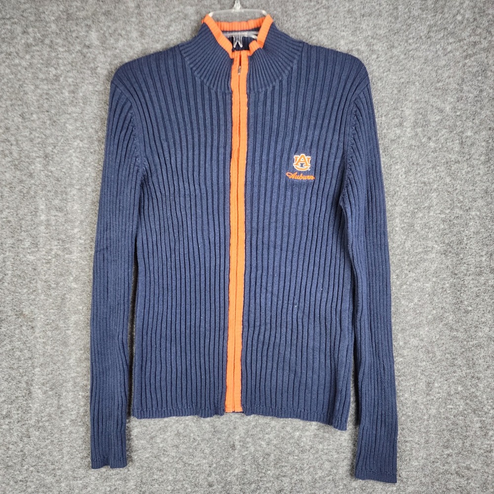 Campus Specialties Auburn Full Zip Sweater Women XL Navy Blue Orange Ribbed Mock